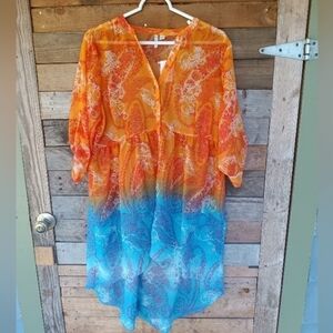 NEW Women's Orange & Blue Sheer Tunic Top Size 14-16 Floral Flowers